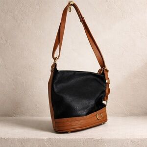 Valentina Made in Italy Leather Hobo Bag Black & Tan